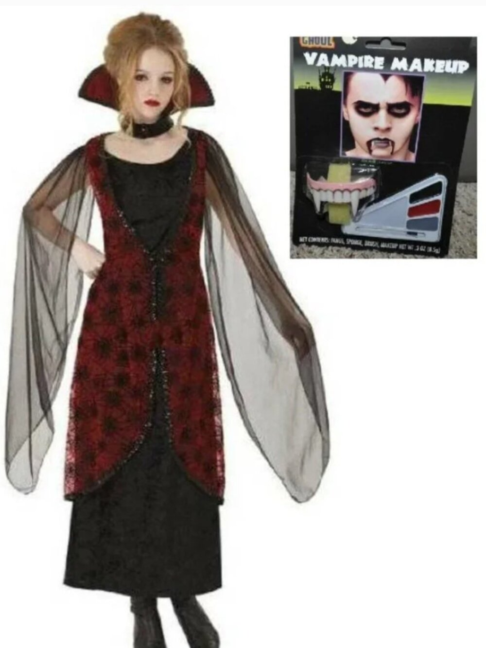 Winged Vampiress Vampire & Makeup Halloween Costume OS Long Dress 3 Pc Womens